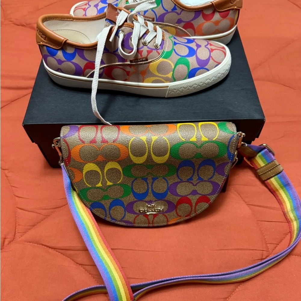 Coach Multicolor Signature Saddle Crossbody and Canvas Sneakers size 7